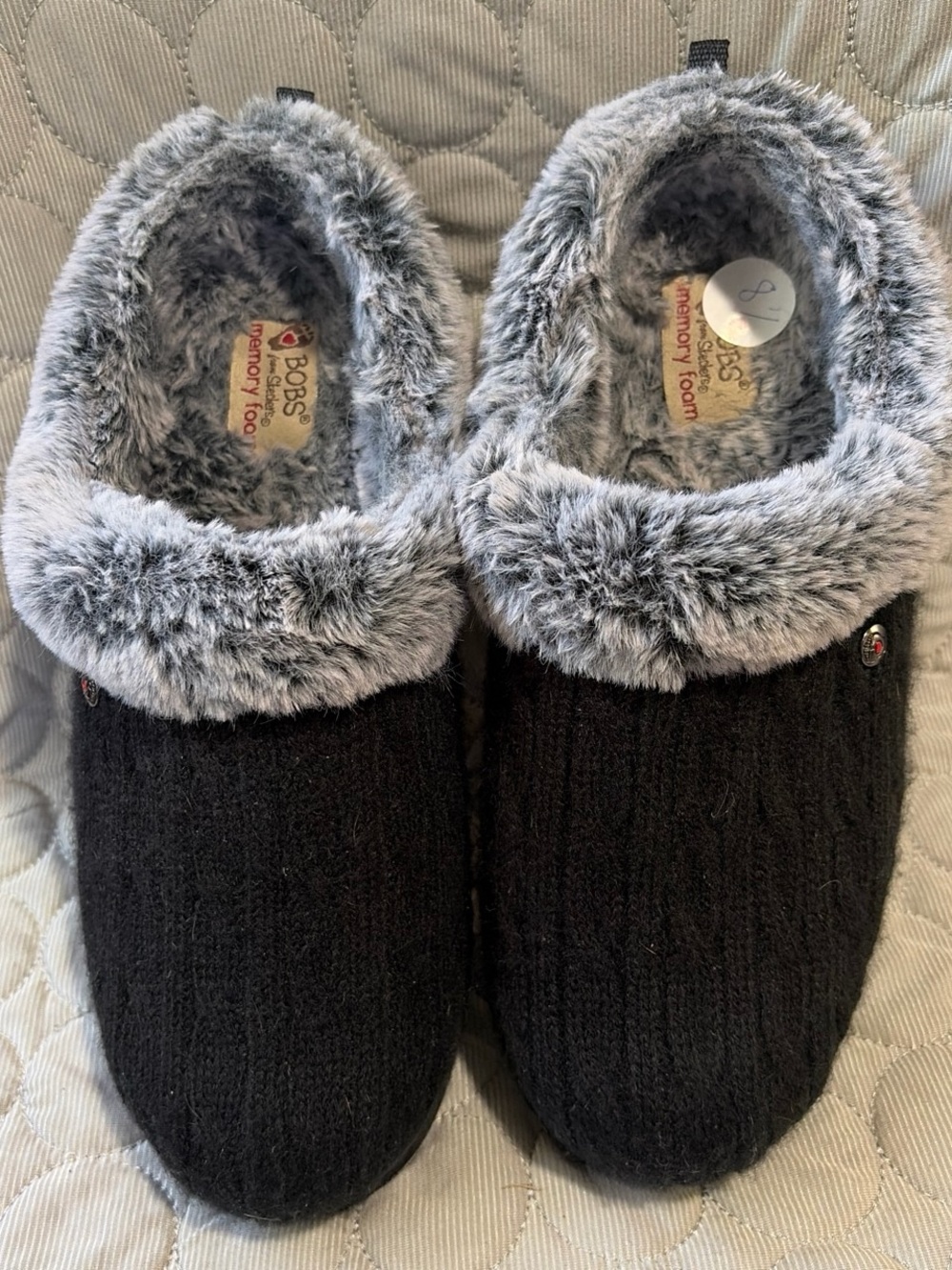 BOBS from Skechers Black Slippers with Gray Faux-Fur Collar